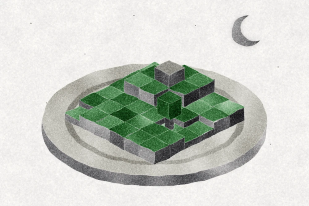 A small island of blocks with a tree and hills rests on a flat disk under a crescent moon: the world is saved and the server is asleep.